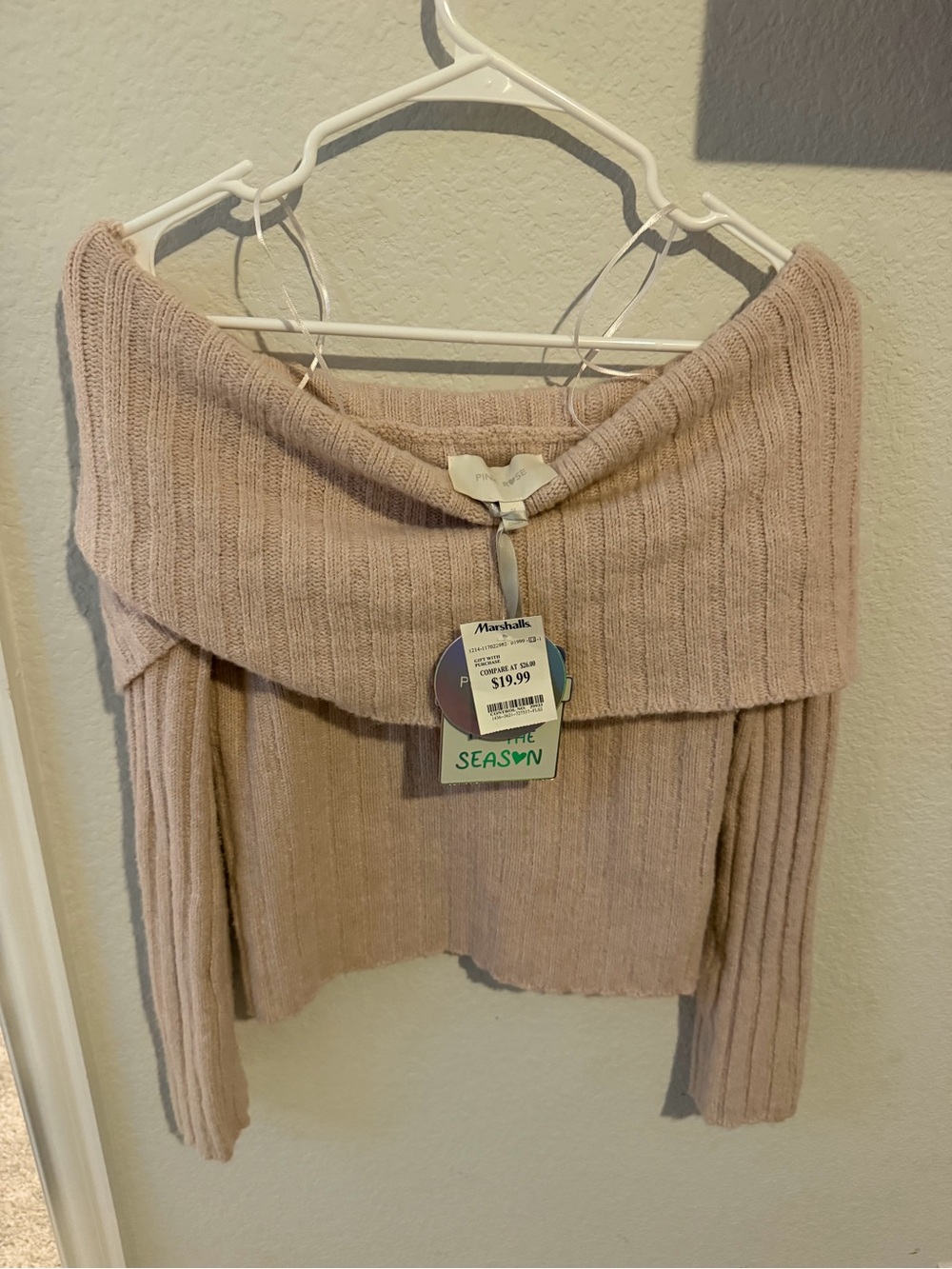 Pink Rose Blush Ribbed Off-Shoulder Sweater